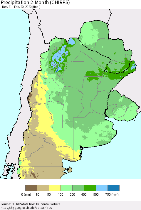 Southern South America Precipitation 2-Month (CHIRPS) Thematic Map For 12/21/2019 - 2/20/2020