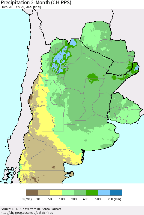 Southern South America Precipitation 2-Month (CHIRPS) Thematic Map For 12/26/2019 - 2/25/2020