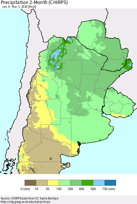 Southern South America Precipitation 2-Month (CHIRPS) Thematic Map For 1/6/2020 - 3/5/2020