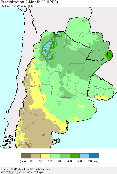 Southern South America Precipitation 2-Month (CHIRPS) Thematic Map For 1/11/2020 - 3/10/2020