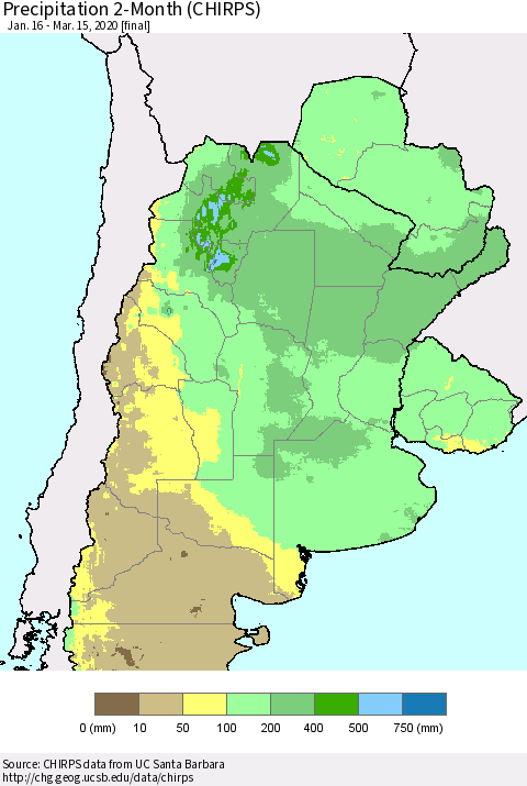 Southern South America Precipitation 2-Month (CHIRPS) Thematic Map For 1/16/2020 - 3/15/2020