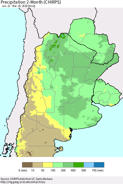 Southern South America Precipitation 2-Month (CHIRPS) Thematic Map For 1/21/2020 - 3/20/2020