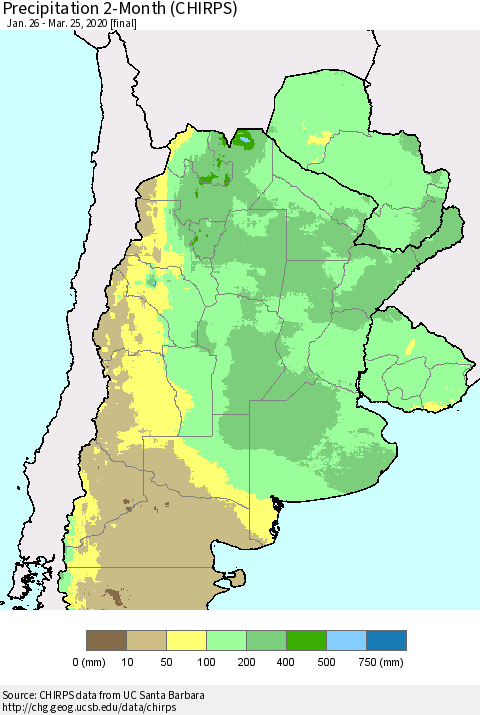 Southern South America Precipitation 2-Month (CHIRPS) Thematic Map For 1/26/2020 - 3/25/2020