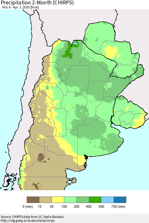 Southern South America Precipitation 2-Month (CHIRPS) Thematic Map For 2/6/2020 - 4/5/2020