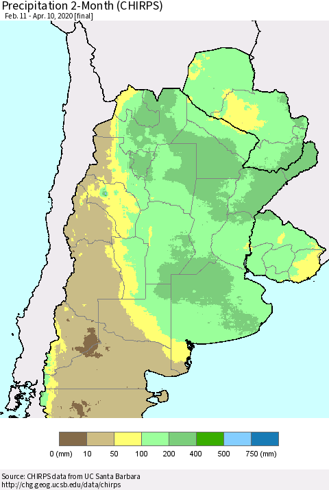 Southern South America Precipitation 2-Month (CHIRPS) Thematic Map For 2/11/2020 - 4/10/2020