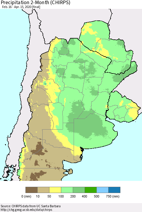 Southern South America Precipitation 2-Month (CHIRPS) Thematic Map For 2/16/2020 - 4/15/2020