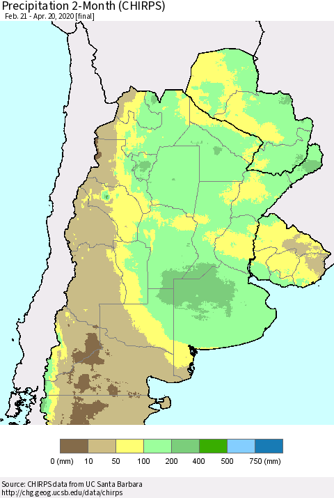 Southern South America Precipitation 2-Month (CHIRPS) Thematic Map For 2/21/2020 - 4/20/2020