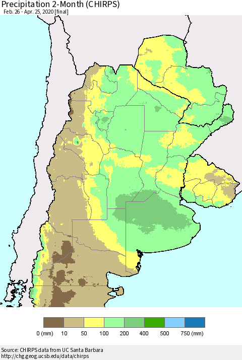 Southern South America Precipitation 2-Month (CHIRPS) Thematic Map For 2/26/2020 - 4/25/2020