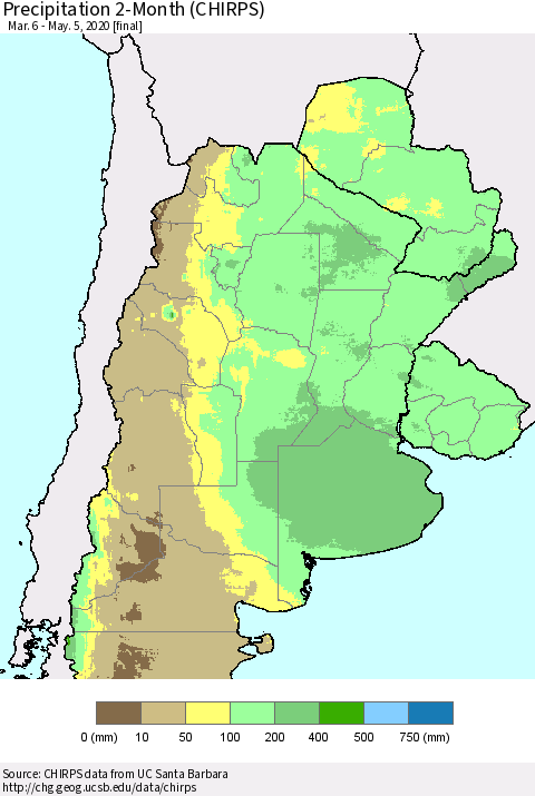 Southern South America Precipitation 2-Month (CHIRPS) Thematic Map For 3/6/2020 - 5/5/2020