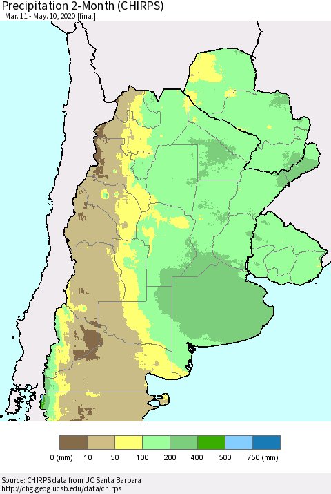Southern South America Precipitation 2-Month (CHIRPS) Thematic Map For 3/11/2020 - 5/10/2020