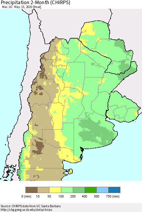 Southern South America Precipitation 2-Month (CHIRPS) Thematic Map For 3/16/2020 - 5/15/2020