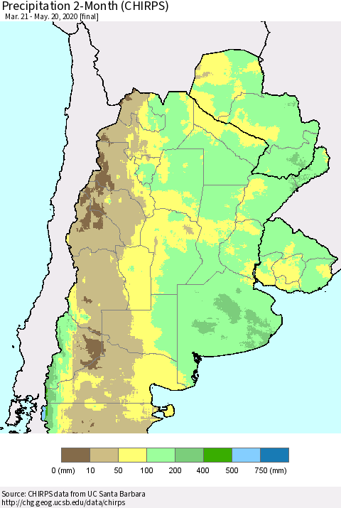 Southern South America Precipitation 2-Month (CHIRPS) Thematic Map For 3/21/2020 - 5/20/2020