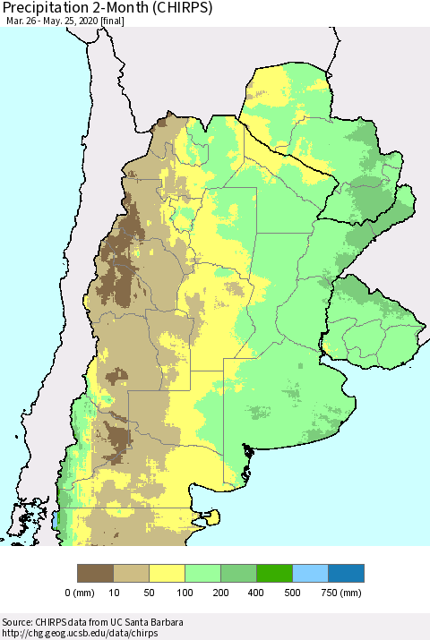 Southern South America Precipitation 2-Month (CHIRPS) Thematic Map For 3/26/2020 - 5/25/2020