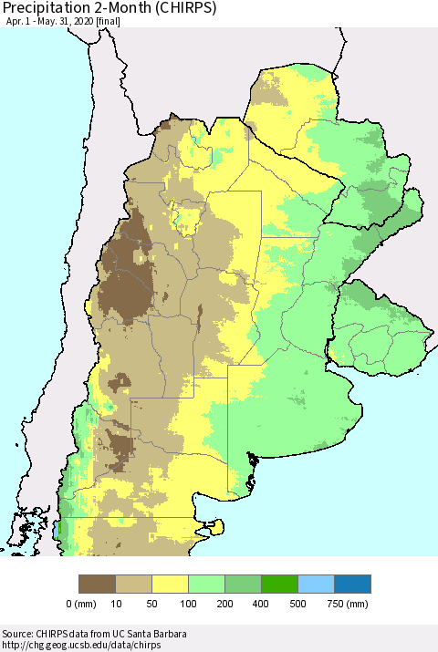 Southern South America Precipitation 2-Month (CHIRPS) Thematic Map For 4/1/2020 - 5/31/2020