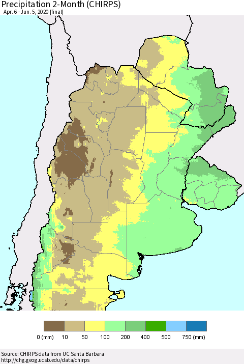 Southern South America Precipitation 2-Month (CHIRPS) Thematic Map For 4/6/2020 - 6/5/2020