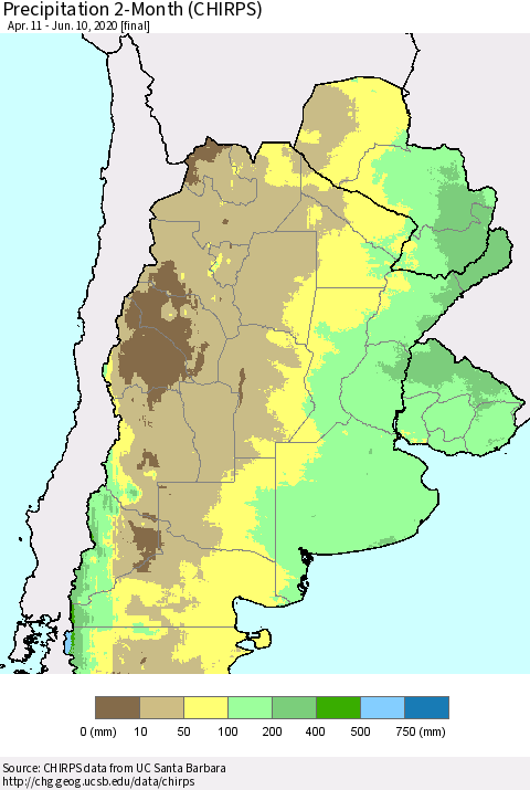 Southern South America Precipitation 2-Month (CHIRPS) Thematic Map For 4/11/2020 - 6/10/2020