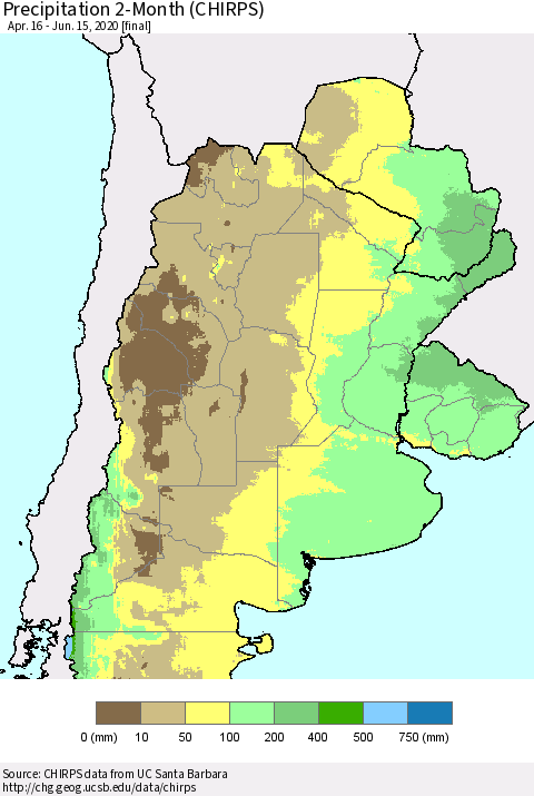 Southern South America Precipitation 2-Month (CHIRPS) Thematic Map For 4/16/2020 - 6/15/2020
