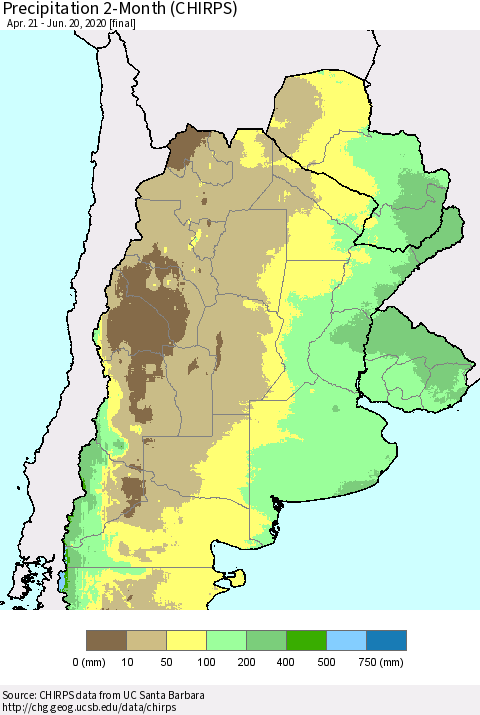 Southern South America Precipitation 2-Month (CHIRPS) Thematic Map For 4/21/2020 - 6/20/2020