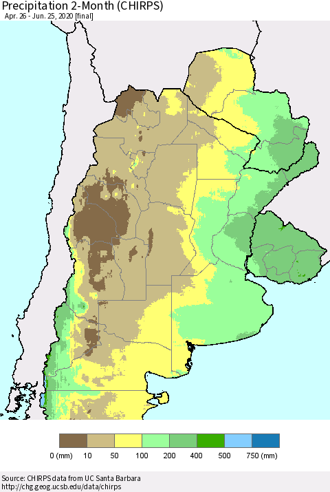 Southern South America Precipitation 2-Month (CHIRPS) Thematic Map For 4/26/2020 - 6/25/2020