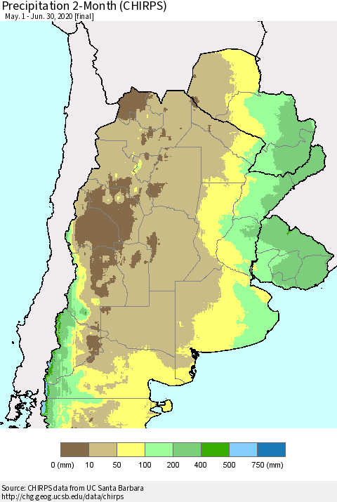 Southern South America Precipitation 2-Month (CHIRPS) Thematic Map For 5/1/2020 - 6/30/2020