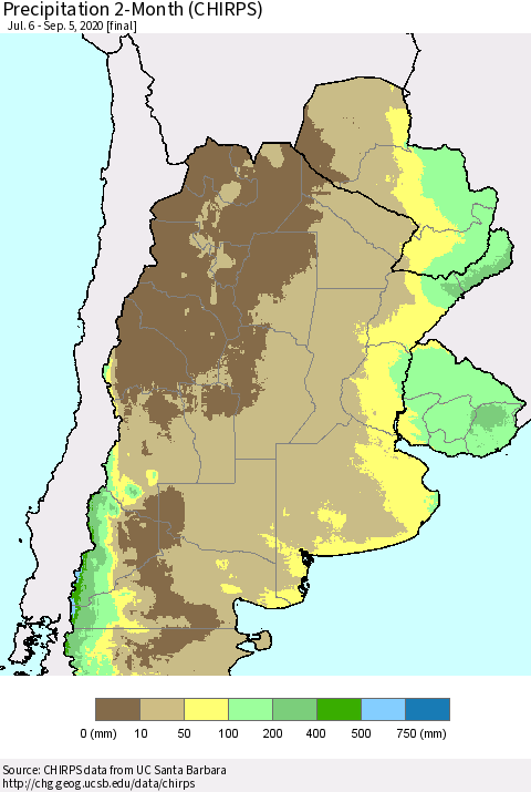 Southern South America Precipitation 2-Month (CHIRPS) Thematic Map For 7/6/2020 - 9/5/2020