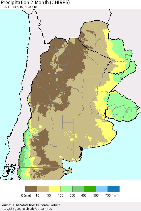 Southern South America Precipitation 2-Month (CHIRPS) Thematic Map For 7/11/2020 - 9/10/2020