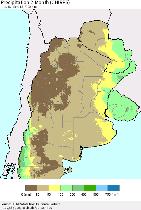 Southern South America Precipitation 2-Month (CHIRPS) Thematic Map For 7/16/2020 - 9/15/2020