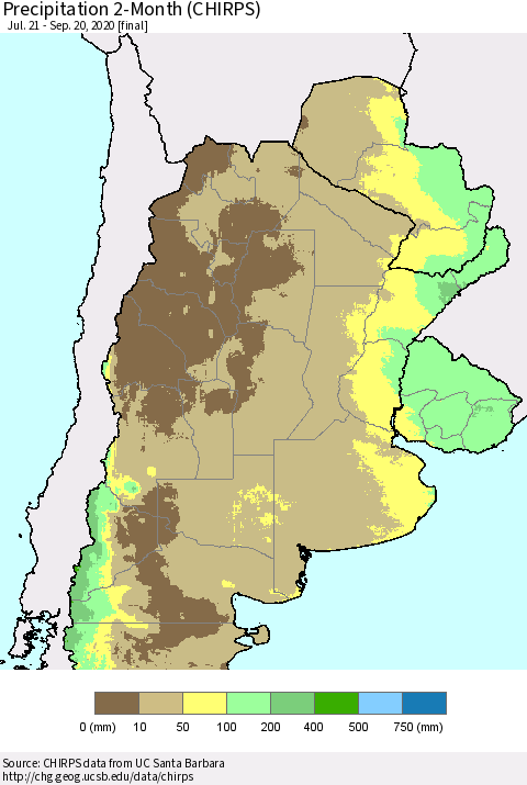 Southern South America Precipitation 2-Month (CHIRPS) Thematic Map For 7/21/2020 - 9/20/2020
