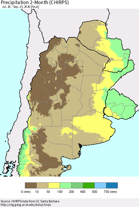 Southern South America Precipitation 2-Month (CHIRPS) Thematic Map For 7/26/2020 - 9/25/2020