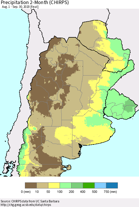 Southern South America Precipitation 2-Month (CHIRPS) Thematic Map For 8/1/2020 - 9/30/2020