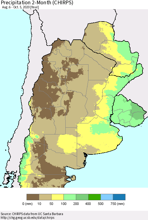 Southern South America Precipitation 2-Month (CHIRPS) Thematic Map For 8/6/2020 - 10/5/2020