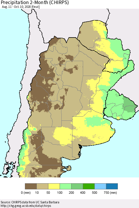 Southern South America Precipitation 2-Month (CHIRPS) Thematic Map For 8/11/2020 - 10/10/2020