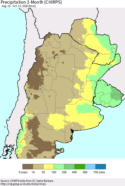 Southern South America Precipitation 2-Month (CHIRPS) Thematic Map For 8/16/2020 - 10/15/2020