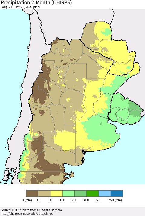 Southern South America Precipitation 2-Month (CHIRPS) Thematic Map For 8/21/2020 - 10/20/2020