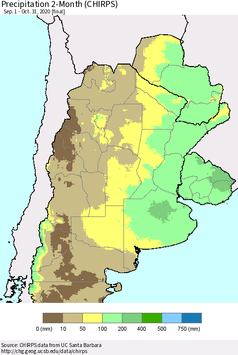 Southern South America Precipitation 2-Month (CHIRPS) Thematic Map For 9/1/2020 - 10/31/2020