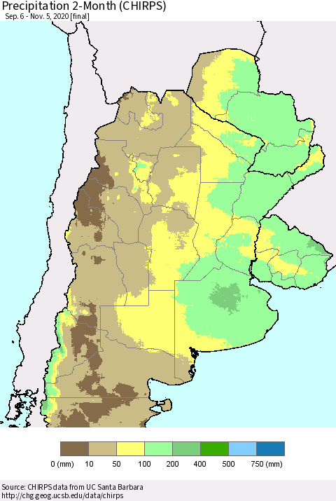 Southern South America Precipitation 2-Month (CHIRPS) Thematic Map For 9/6/2020 - 11/5/2020