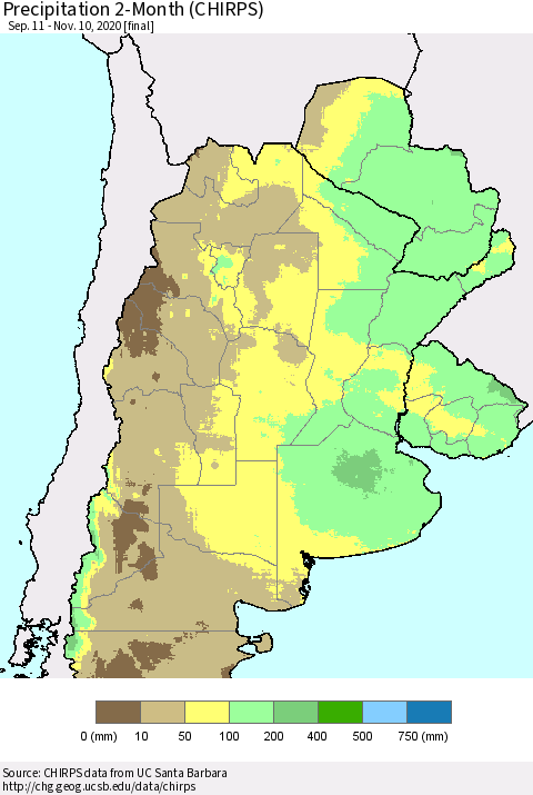 Southern South America Precipitation 2-Month (CHIRPS) Thematic Map For 9/11/2020 - 11/10/2020