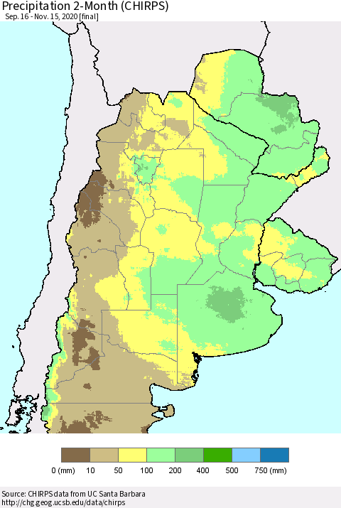 Southern South America Precipitation 2-Month (CHIRPS) Thematic Map For 9/16/2020 - 11/15/2020