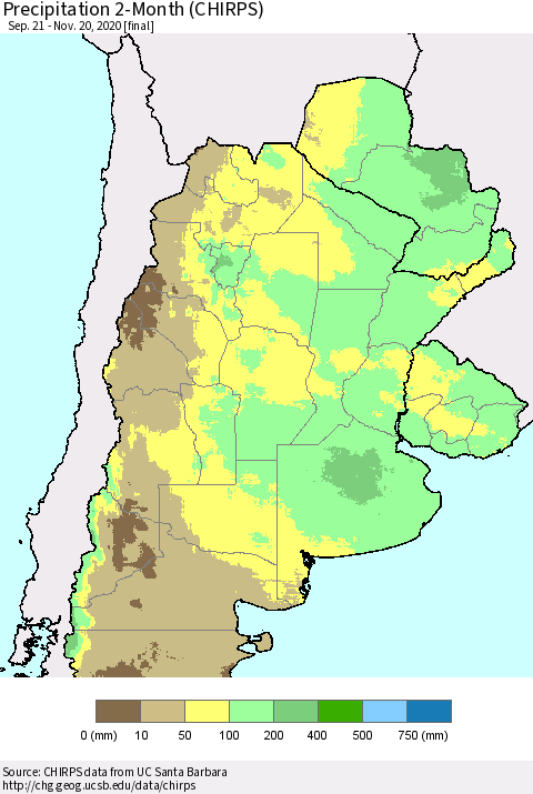 Southern South America Precipitation 2-Month (CHIRPS) Thematic Map For 9/21/2020 - 11/20/2020