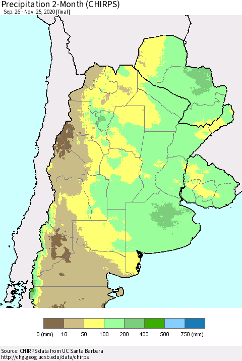 Southern South America Precipitation 2-Month (CHIRPS) Thematic Map For 9/26/2020 - 11/25/2020