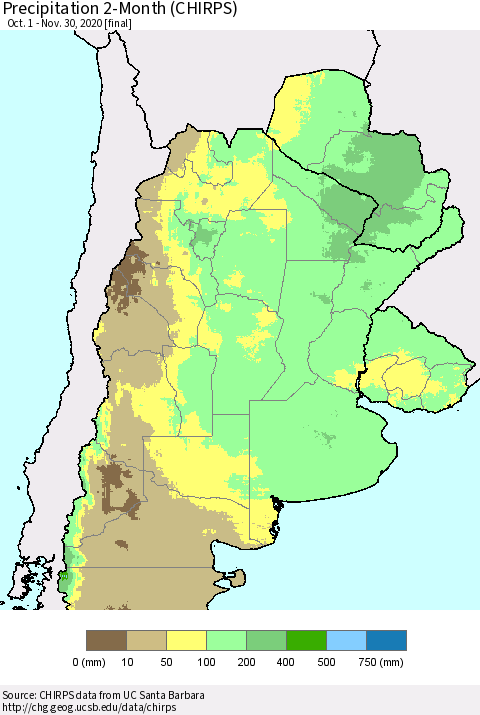 Southern South America Precipitation 2-Month (CHIRPS) Thematic Map For 10/1/2020 - 11/30/2020