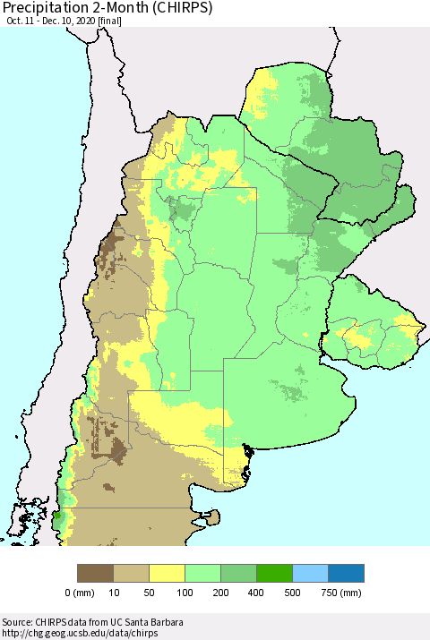 Southern South America Precipitation 2-Month (CHIRPS) Thematic Map For 10/11/2020 - 12/10/2020