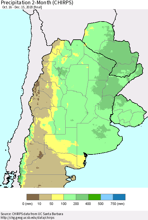 Southern South America Precipitation 2-Month (CHIRPS) Thematic Map For 10/16/2020 - 12/15/2020
