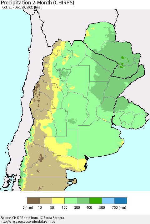Southern South America Precipitation 2-Month (CHIRPS) Thematic Map For 10/21/2020 - 12/20/2020