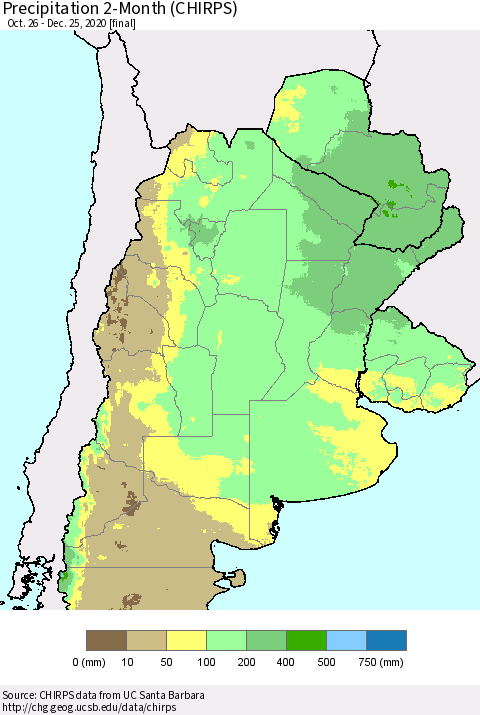 Southern South America Precipitation 2-Month (CHIRPS) Thematic Map For 10/26/2020 - 12/25/2020