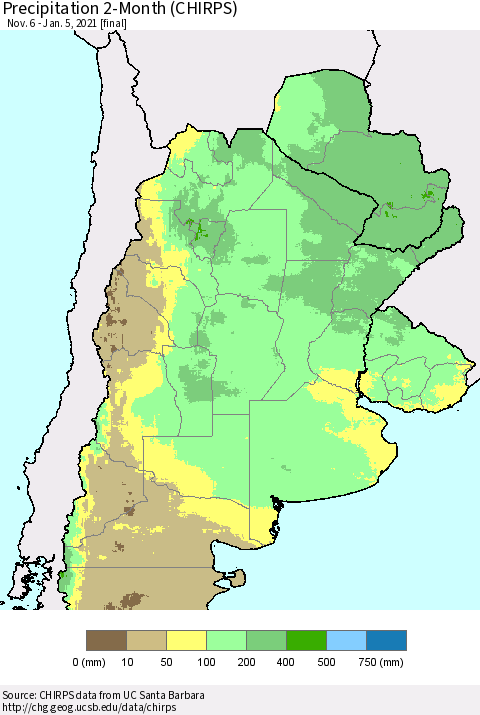 Southern South America Precipitation 2-Month (CHIRPS) Thematic Map For 11/6/2020 - 1/5/2021