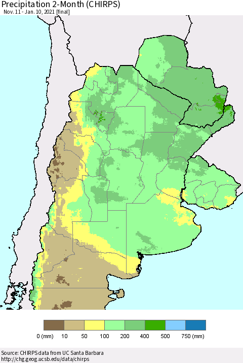 Southern South America Precipitation 2-Month (CHIRPS) Thematic Map For 11/11/2020 - 1/10/2021