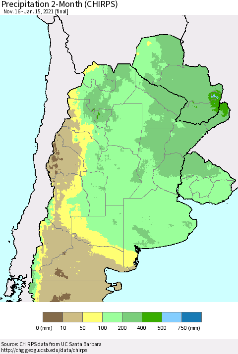 Southern South America Precipitation 2-Month (CHIRPS) Thematic Map For 11/16/2020 - 1/15/2021