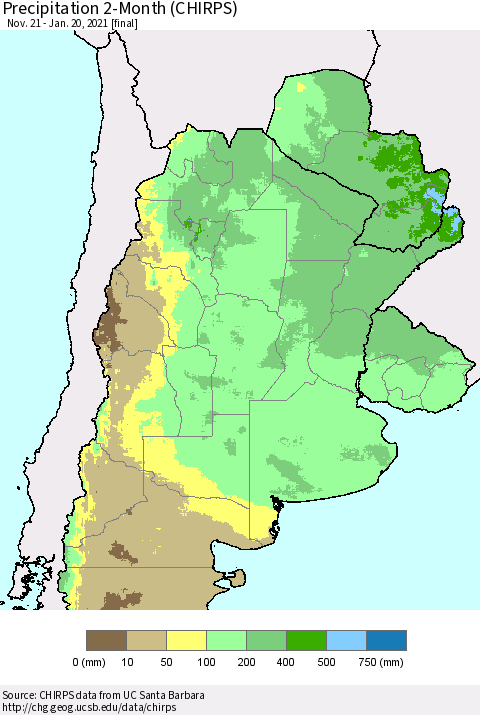 Southern South America Precipitation 2-Month (CHIRPS) Thematic Map For 11/21/2020 - 1/20/2021