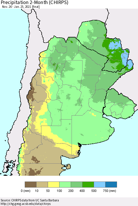Southern South America Precipitation 2-Month (CHIRPS) Thematic Map For 11/26/2020 - 1/25/2021